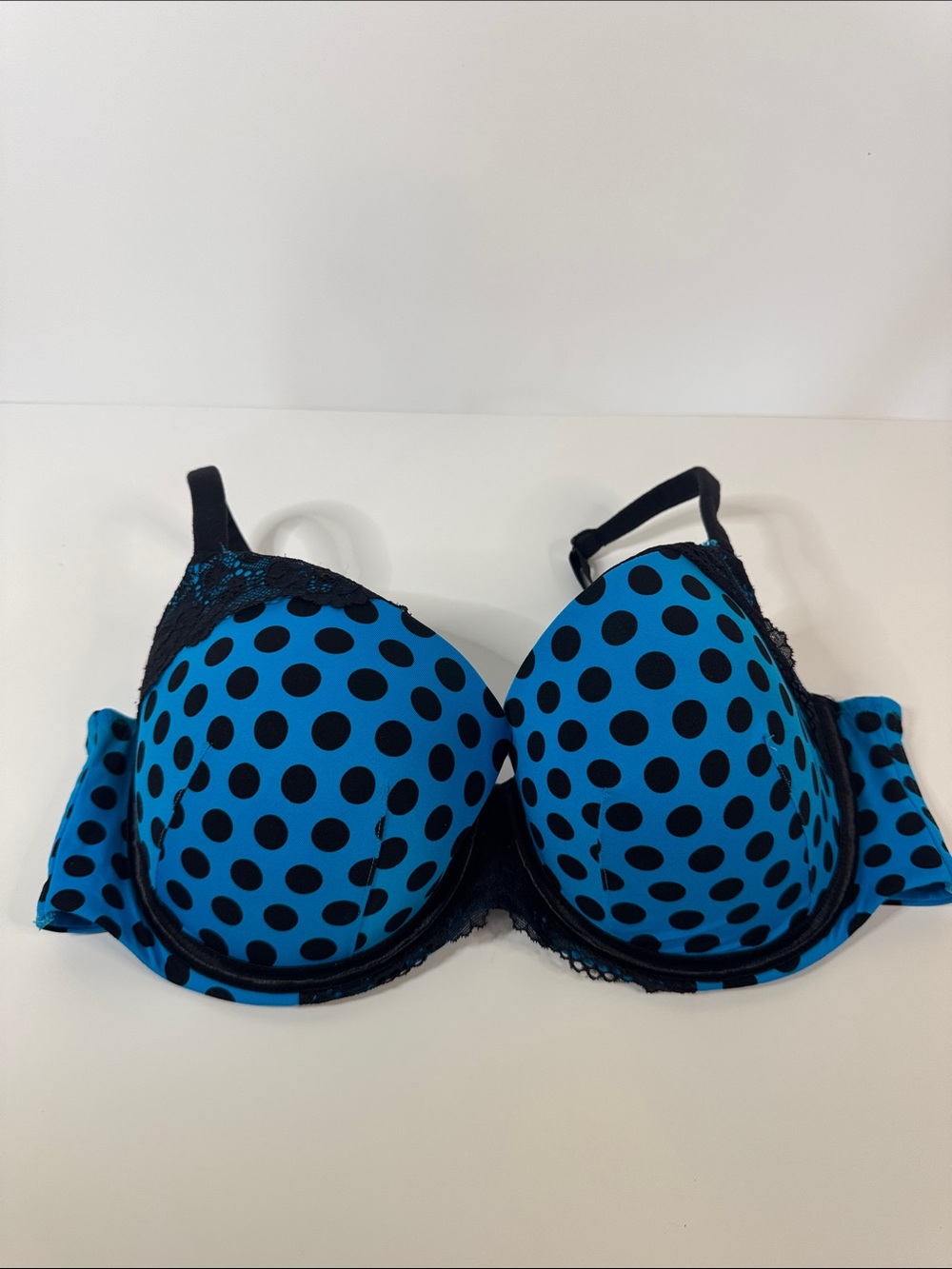 Cacique Blue Polka Dot Push-Up Bra with Black Lace Trim 38DD